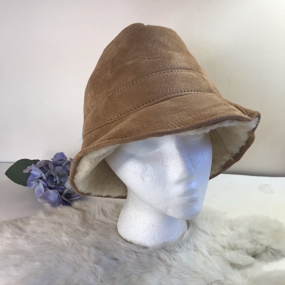 Vintage 70s Shearling Suede Bucket Hat Real Fur Beige Tan Unisex Men Women - Picture 2 of 13